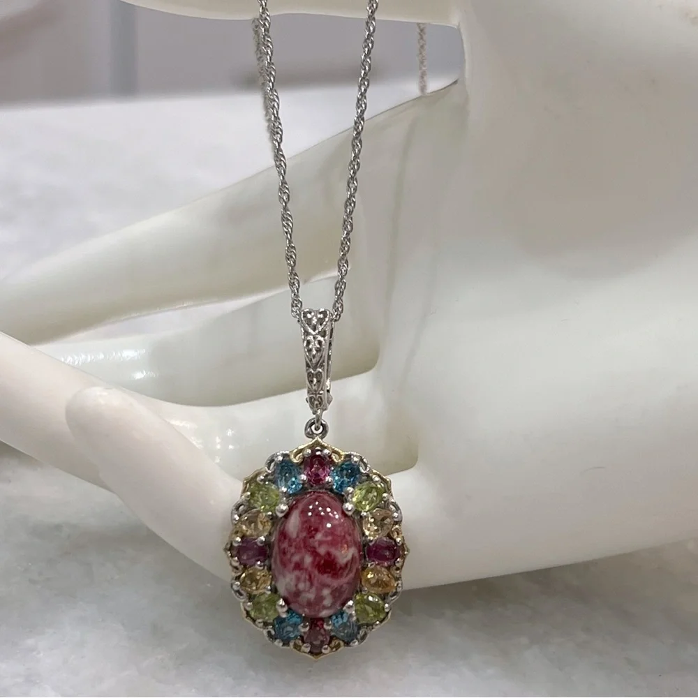 Norwegian Thulite Multigemstone 14K YG Sterling Silver Pendant 20” Necklace